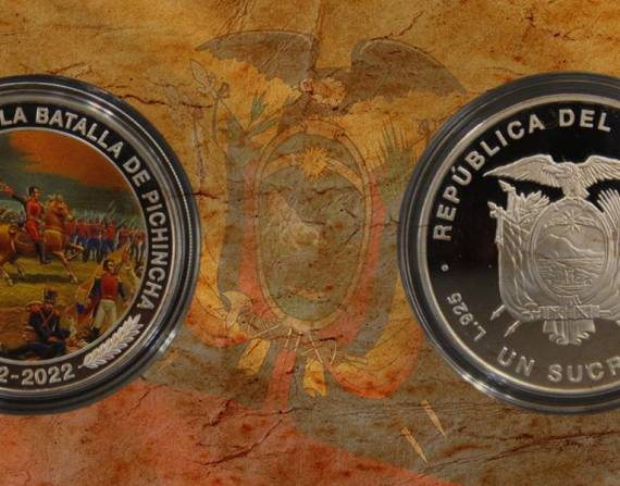 Las dos caras de la moneda conmemorativa por los 200 años de la Batalla de Pichincha.