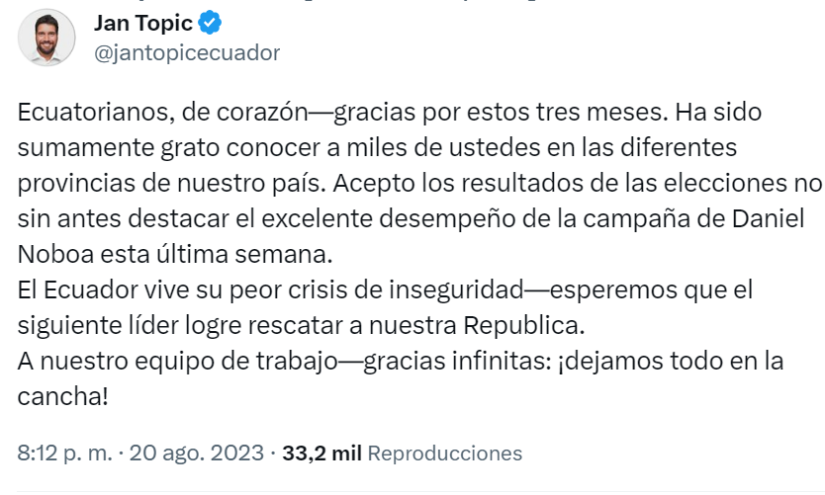 Jan Topic reconoce los resultados electorales y elogia a Daniel Noboa