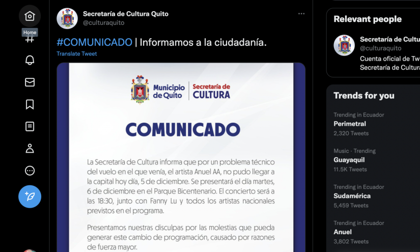 La secretaría de Cultura del municipio de Quito emitió un comunicado sobre el concierto.