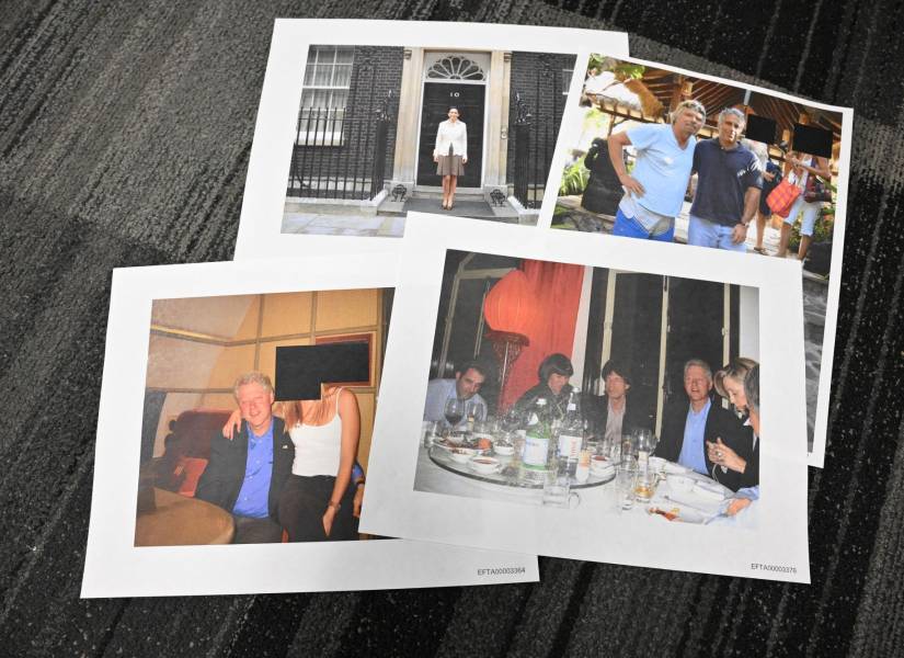 Esta foto ilustración, tomada en Washington, D. C., el 19 de diciembre de 2025, muestra fotografías entre ellas del expresidente estadounidense Bill Clinton; el cantante de los Rolling Stones, Mick Jagger; el presidente de Virgin Group, Richard Branson; y Ghislaine Maxwell. Fotos tomadas de los registros de la investigación del caso Epstein.