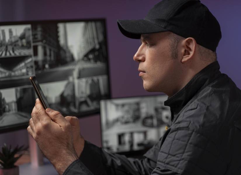 Hombre mirando imágenes de cámara de seguridad.