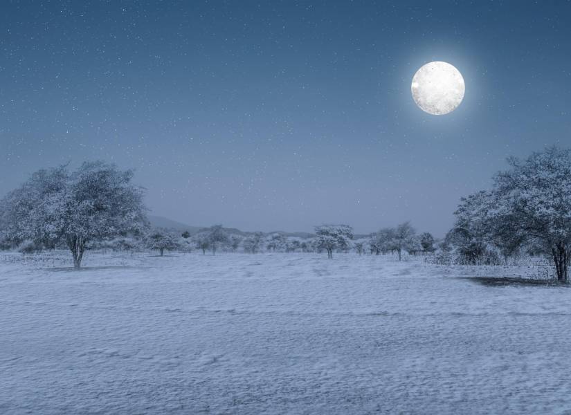 Representación de la luna de nieve en un paisaje invernal.