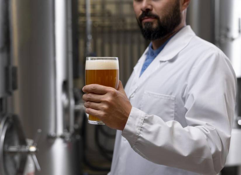 Científico sosteniendo una cerveza.