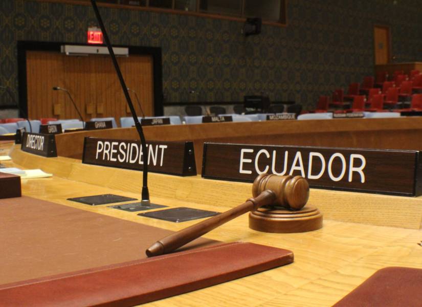 Imagen del puesto que ocupa la delegación de Ecuador como presidente del Consejo de Seguridad de la ONU.