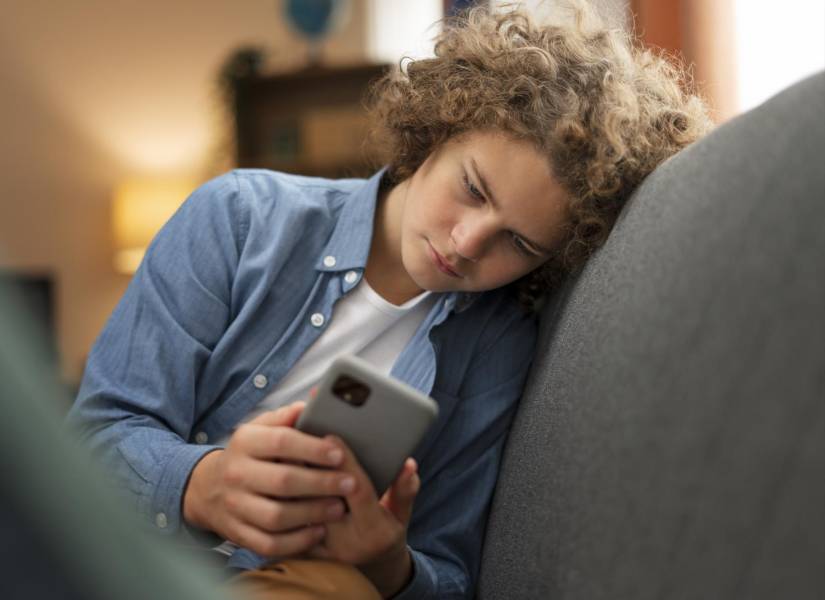 Adolescente triste mirando su celular.