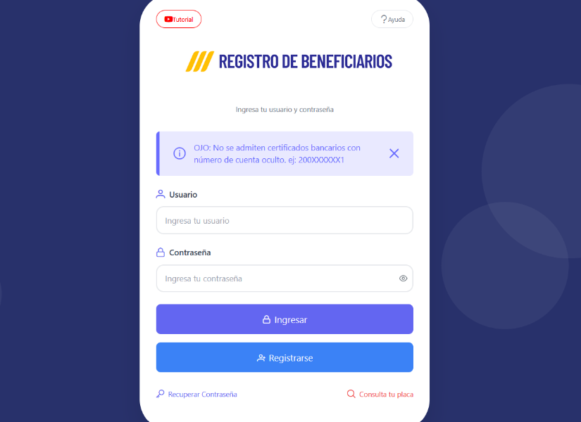 Captura de pantalla del sitio web para registrarse.