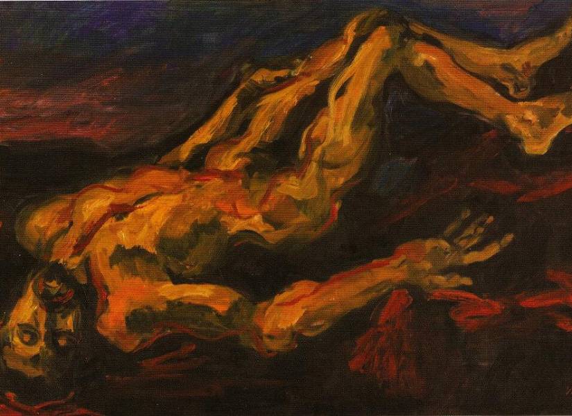 Obra de Oswaldo Viteri llamada Cristo yacente de Caspicara, parte de la colección Desastres de las Guerras, en el 2015.