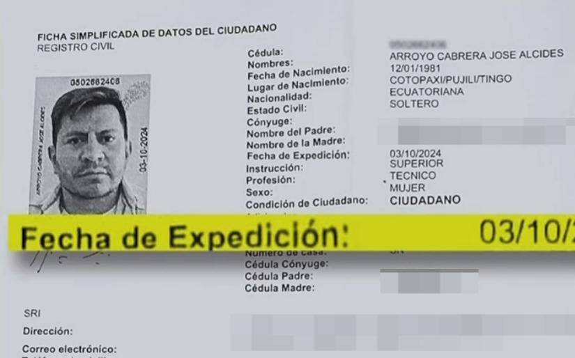 Imagen de los datos de la cédula de José Arroyo, alcalde de Pujilí.