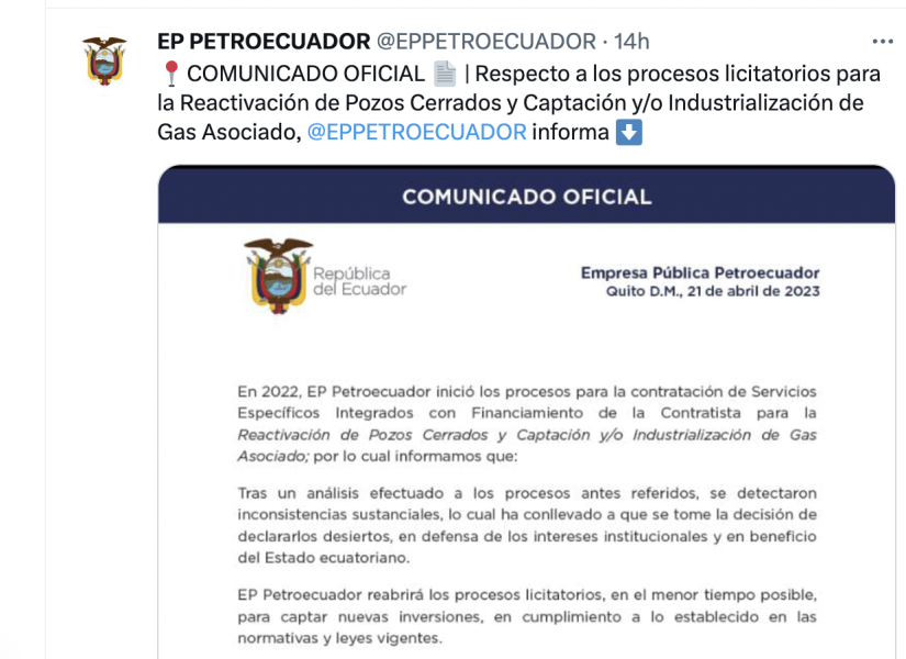 Petroecuador publicó un comunicado en su cuenta oficial de Twitter.