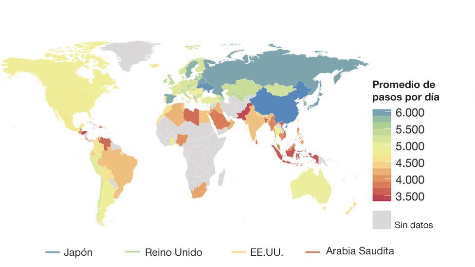 El mapa de los países con los habitantes más y menos activos del mundo