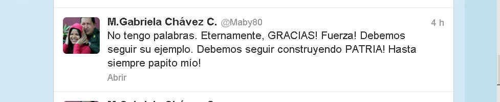 &quot;Hasta siempre papito mío!&quot;, escribe hija de Chávez en Twitter
