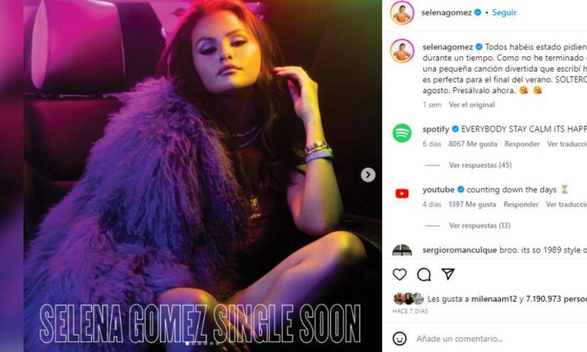 Captura de pantalla que realizó Selena Gómez en Instagram para anunciar el lanzamiento de su nuevo sencillo, Single Soon, en una imagen de archivo.