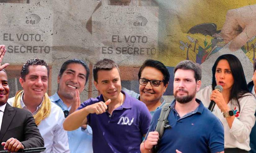 En la composición, de izquierda a derecha: Bolívar Armijos, Xavier Hervas, Yaku Pérez, Daniel Noboa, Fernando Villavicencio, Jan Topic, Luisa González y Otto Sonnenholzner.( Composición: Liz Rivera )