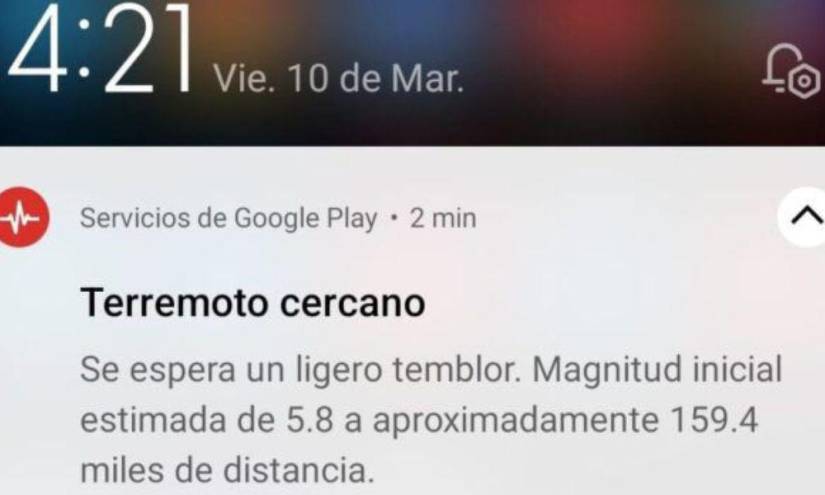 Captura de pantalla de una notificación de las aletas de sismo de Google.