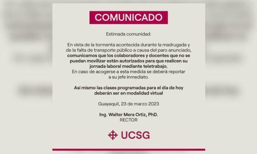 Comunicado de la universidad 'Católica Santiago de Guayaquil'.