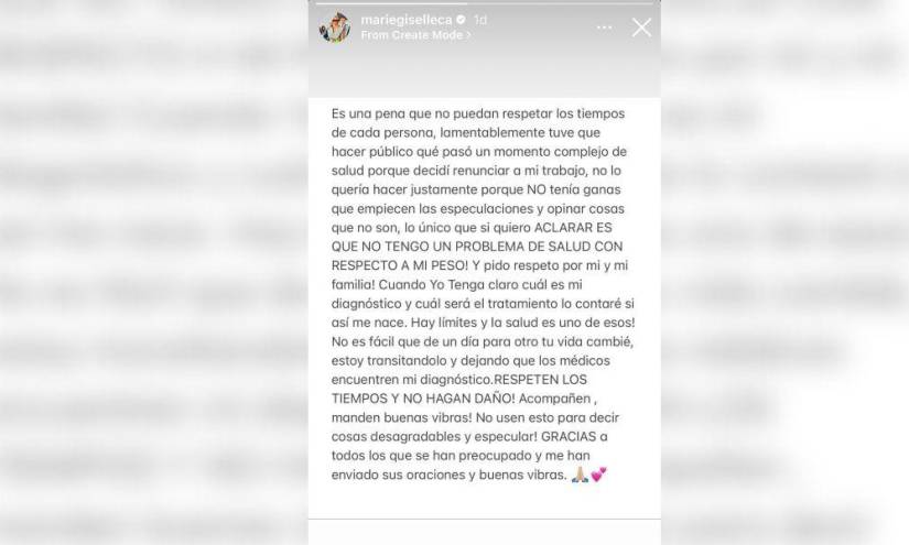 Captura de pantalla del mensaje que envió la reconocida periodista ecuatoriana, Mariegiselle Carrillo, en una imagen de archivo.