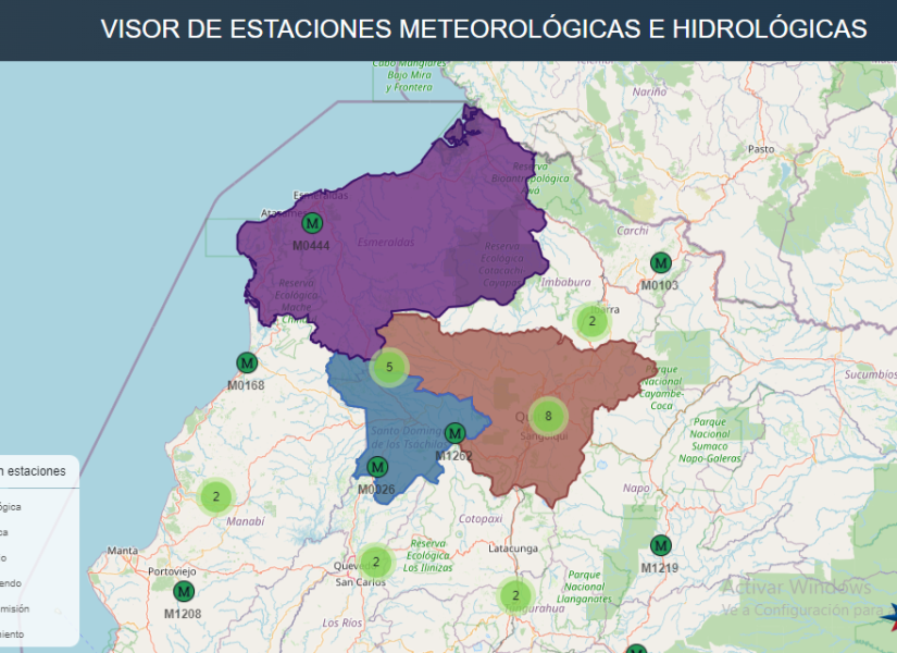 Imagen del visor del INAMHI, seleccionando las provincias de Esmeraldas, Santo Domingo y Pichincha.
