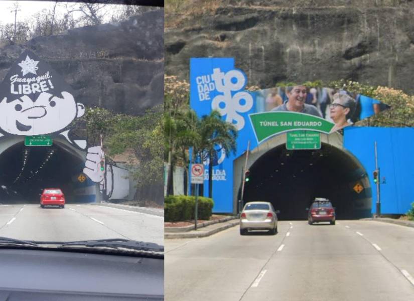 Fotos de 2022 y 2024 dela entrada al túnel San Eduardo, donde aparecía un Juan Pueblo con el mensaje de Guayaquil Libre.