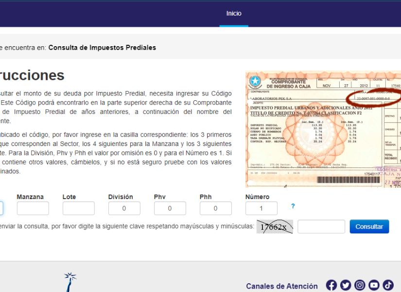 Ventana de consulta de Impuestos Prediales.